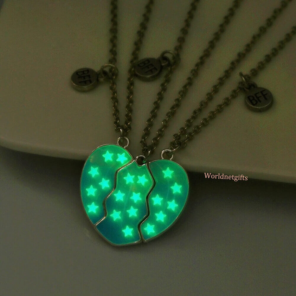 3-person Friendship Family Necklace with Glowing S