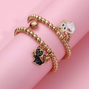 Black & White Cat Magnetic Gold Bead Bracelet Set