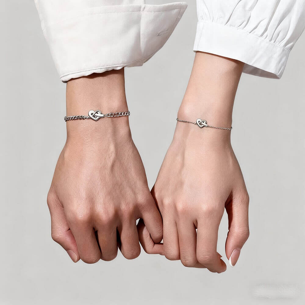 Heart Knot Couple Bracelets - Silver Matching Set